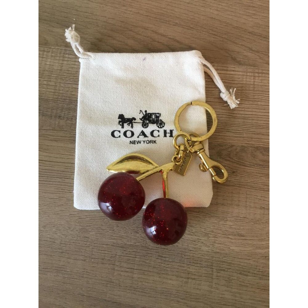 Coach Red Cherry Bag Charm Keychain Resin Metal Brass in Coach Dustbag - Picture 2 of 3